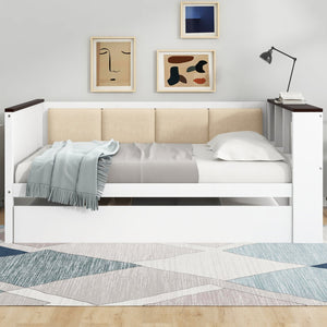 English Elm Twin Pine Wood Daybed with Trundle Upholstered Backrest Storage Shelf and Usb Port N7090002233K