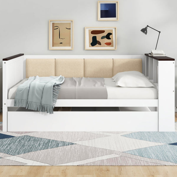 English Elm Twin Pine Wood Daybed with Trundle Upholstered Backrest Storage Shelf and Usb Port N7090002233K