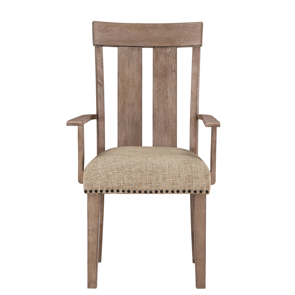 English Elm Beige Padded Arm Chairs Set Of 2 - Elegant Upholstered Seating With Nailhead Trim & Maple Legs B062P209271