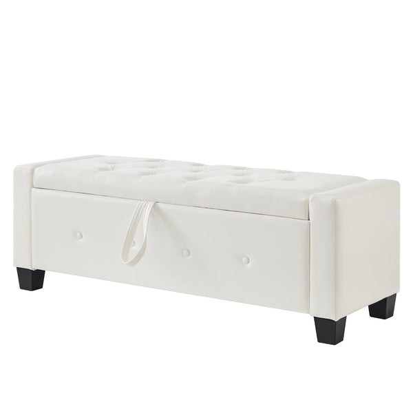 English Elm 48" Storage Ottoman Bench with Tufted Faux Leather Upholstery, Solid Wood Frame & 300lb Capacity Ivory White W1097P338779