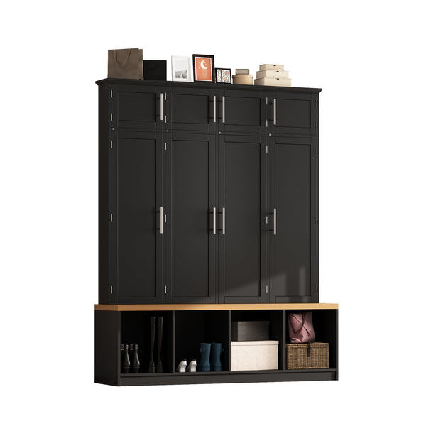 English Elm Wood Entryway Hall Tree with Bench Seating Coat Hooks Shoe Cubbies Cabinet Black W5271S00003