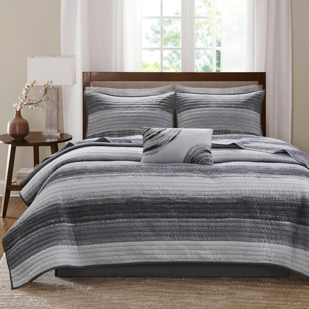 English Elm 8-piece King Quilt Set Cotton Watercolor Stripe Breathable Resort Bedroom Bedding Black Multi B035P408263