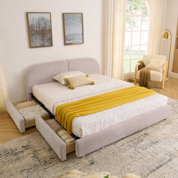 English Elm Queen Platform Bed Curved Headboard Circle Yarn Fabric with Four Wheeled Storage Drawers Pink W487S00480