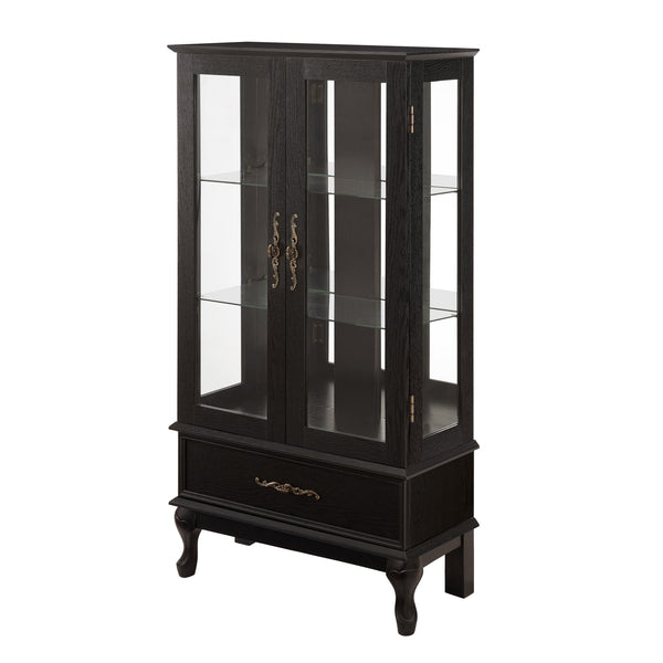 English Elm Lighted Curio Cabinet with Vintage Carved Handles, LED Display, Adjustable Shelves & Hidden Drawer 40" W2275P389711