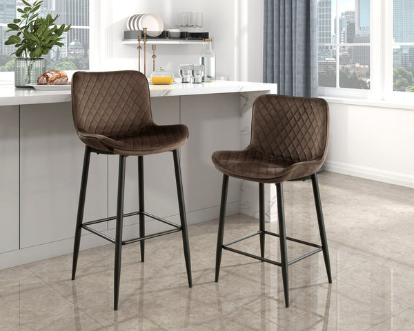 English Elm Set of 2 Counter Height Chairs with Diamond Stitch Velvet Upholstery and Sleek Black Metal Legs, 24" Seat Brown 29.5 L x 26.25 W x 15.5 H B011P234282