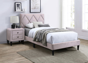 English Elm Twin Velvet Upholstered Bed with Adjustable Headboard, Diamond Tufted Design & 12-Slat Support System Light Pink 46 L x 29 W x 6 H B011P190166