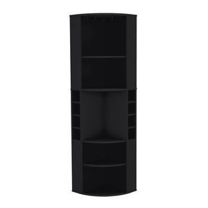 English Elm Oban Matte Black Corner Bar Cabinet with Bottle Cubbies and Open Stemware Shelves B200S00390