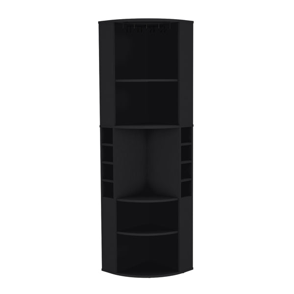 English Elm Oban Matte Black Corner Bar Cabinet with Bottle Cubbies and Open Stemware Shelves B200S00390