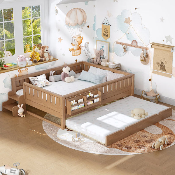 English Elm Queen Bunk Bed with Trundle Solid Pine Kids Car Themed Frame Built-in Bookshelf Natural W1580S00564