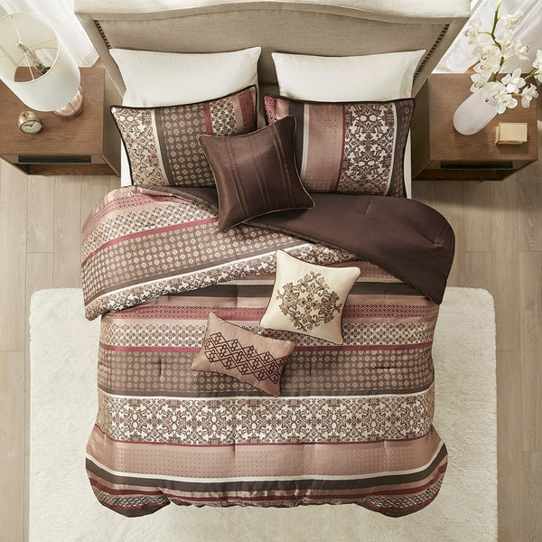 English Elm 7 Princeton Comforter Set Cal King - Red Brown Ivory Geometric Damask 7-Piece Embroidered Luxury B03597166