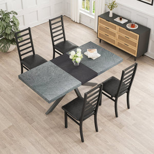 English Elm Retro Extendable Dining Set with Metal Frame and 4 Steel Chairs, Space-Saving Modern Farmhouse Elegance Black+Gery W757S00034