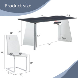 English Elm Table Set With Black Marble-Patterned Top & Stainless Steel Legs, 6 White Pu Chairs For Elegance W1151S01958-GIGA