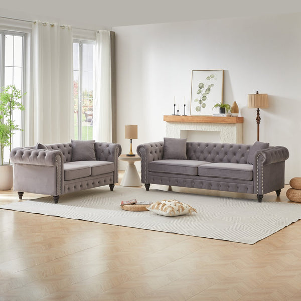 English Elm Fx Chesterfield Sofa Set Tufted Tech Fabric Upholstered Living Room Seating Combo Grey W1926S00121