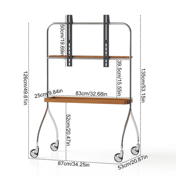 English Elm Walk 360° Movable TV Stand Antique Finish with Metal & Wood Shelves, Fits 43–70" TVs, 200lb Load Black Brown W3318P305324