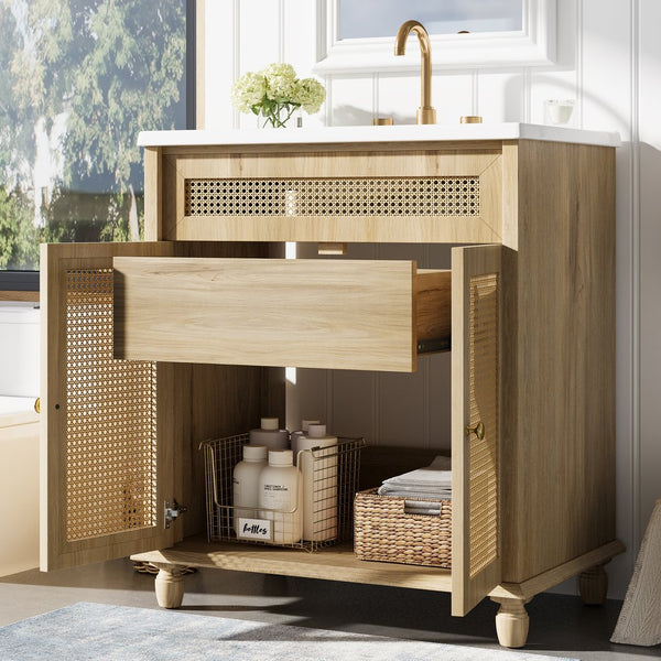 English Elm Christopher Knight Home® - 30-Inch Walnut Vanity with Seashell Resin Sink, Flip-Up Organizer, Soft-Close Doors & Legs Natural Wood N765P33418384B