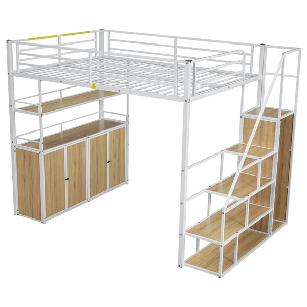 English Elm Full Size Metal Loft Bed with Desk, Storage Staircase, Wardrobe & Shelves — Space-Saving White GX002219AAK