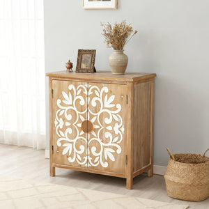 English Elm Rustic Wooden Accent Cabinet with Floral Carved Doors, Antique Brown White, Sturdy 2-Door Storage for Entryway, Dining Room, Living Room W2295P365012