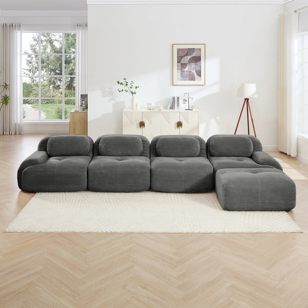 English Elm 4-seat Modular Corduroy Sectional Sofa with Curved Armrests for Living Rooms Grey W714S01271