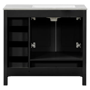 English Elm 36" Black Bathroom Vanity with Ceramic Sink, 2 Soft-Close Doors & 5 Drawers, Modern Storage Elegance N729P183735B