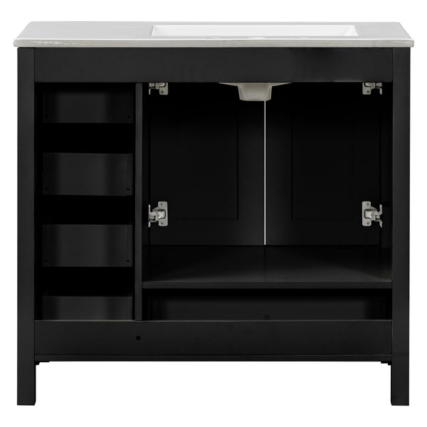 English Elm 36" Black Bathroom Vanity with Ceramic Sink, 2 Soft-Close Doors & 5 Drawers, Modern Storage Elegance N729P183735B