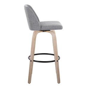English Elm Mid-century Modern Swivel Barstools with Bentwood Legs and Grey Upholstered Seats Set B202S00667