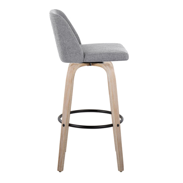 English Elm Mid-century Modern Swivel Barstools with Bentwood Legs and Grey Upholstered Seats Set B202S00667