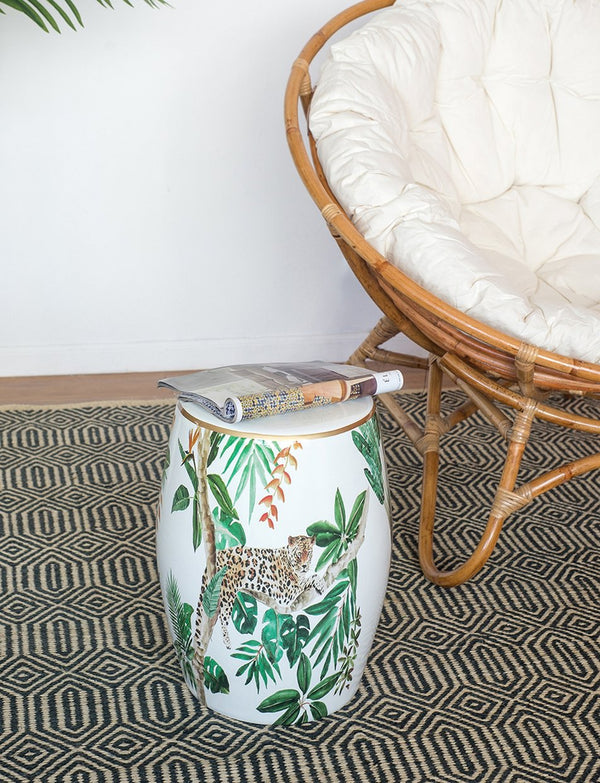 English Elm 13x13x18" Hand-painted Ceramic Stool Bohemian Jungle Motif Accent Seat or Side Table W2078P456916