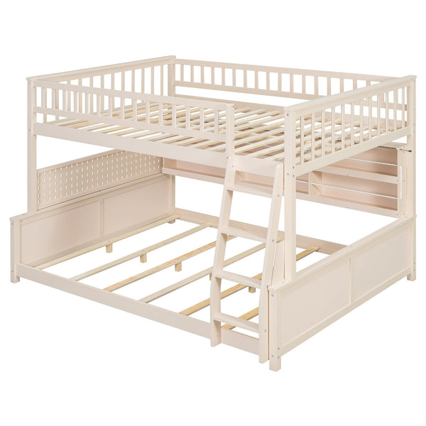 English Elm Full Xl Over Queen Bunk Bed Pinewood Frame with Led Lights Shelving Pegboard Beige LT000279AAA