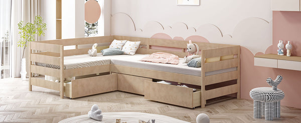 English Elm Twin L-Shaped Platform Bed with Three Spacious Drawers, Solid Pine & MDF, Clean-Lined Design Natural N7090000468N