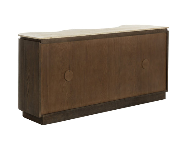 Sunpan FABLE Sideboard: Elegant Solid Oak Storage with Curved Design and Travertine Top for Modern Homes 112360