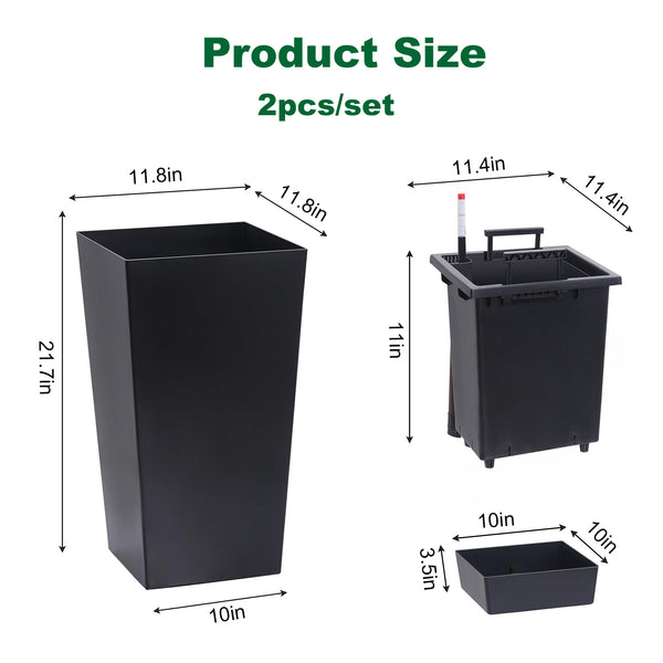 English Elm 22"Tall Planter Set of 2 Black - 22" Self-Watering Porch Planters with Drainage, Inner Bucket & Gauge W3101P335175