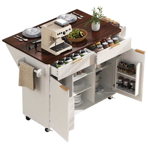 English Elm K&k Fluted Rolling Kitchen Island Faux Marble Top Power Outlet Drop Leaf Storage White N707S000019W
