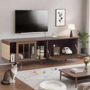 English Elm Mid-Century 74" Walnut TV Stand with Cat Litter House, Sliding Glass Doors, Sisal Scratcher, Sturdy Legs N843P251412W
