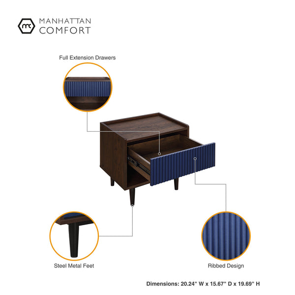 English Elm Duane Navy Blue 20" Fluted Nightstand with Ribbed MDF, Handless Drawer, Iron Feet, Modern Storage B365P398181