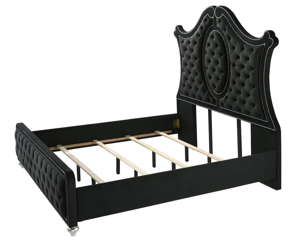 English Elm 1Pc Queen Panel Bed - Luxurious Black Upholstery, Diamond Tufted Headboard & Elegant Nailhead Trim B2741S00234