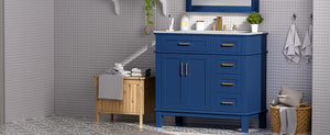 English Elm 36" Blue Modern Bathroom Vanity with Ceramic Sink, Solid Wood+MDF, Soft-Close Doors, 4 Drawers, Compact Elegance for Small Spaces N729P253935C