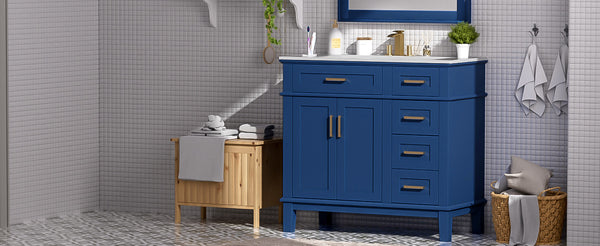 English Elm 36" Blue Modern Bathroom Vanity with Ceramic Sink, Solid Wood+MDF, Soft-Close Doors, 4 Drawers, Compact Elegance for Small Spaces N729P253935C