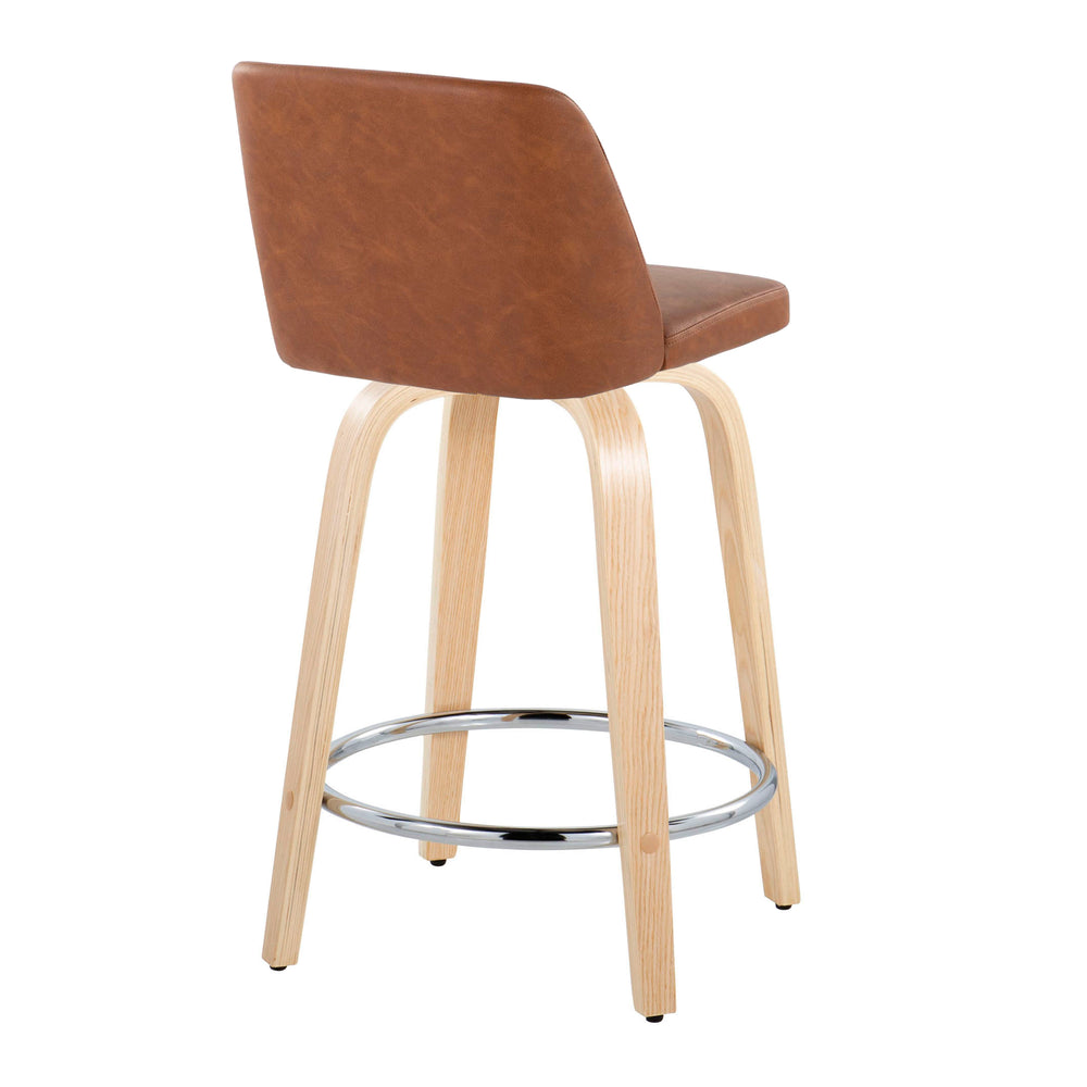 English Elm Fixed-height Swivel Counterstools Natural Wood Bentwood Legs Camel Faux Leather Set 2 B202S01767