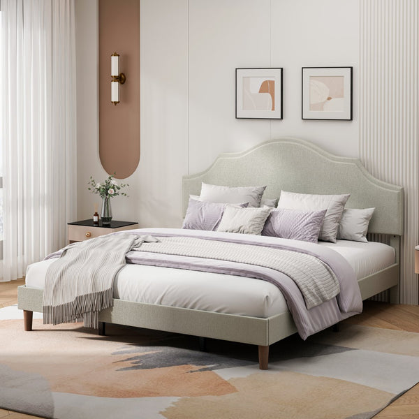 English Elm King Upholstered Platform Bed Frame King Size Linen Fabric Padded Headboard Adjustable 32.87"-37" Beige Modern Sturdy 1000lb Capacity W1716P280530