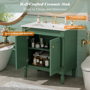 English Elm 30" French Style Bathroom Vanity with Ceramic Basin Soft Close Doors Wood Legs Green N710P415327F