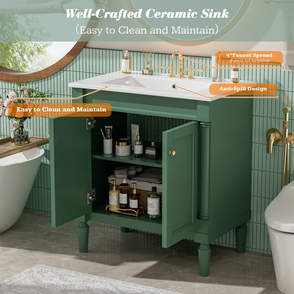 English Elm 30" French Style Bathroom Vanity with Ceramic Basin Soft Close Doors Wood Legs Green N710P415327F