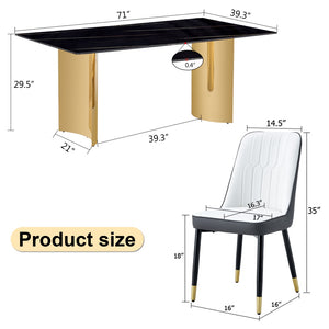 English Elm Table And Chair Set - Elegant Glass Top With Imitation Marble & Gold Legs, 6 Stylish Pu Dining Chairs W1151S04338-GIGA