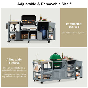English Elm K&k Solid Fir Outdoor Kitchen Island with Sink Stainless Steel Top and Grill Cutout Grey+Blue N707S000022G