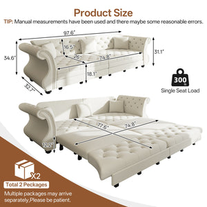 English Elm 97.6" Oversized Velvet Chesterfield Sleeper Sofa Floral Tufted Roll Arm Living Room Couch Beige White W1885S00397