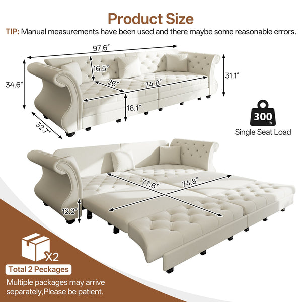 English Elm 97.6" Oversized Velvet Chesterfield Sleeper Sofa Floral Tufted Roll Arm Living Room Couch Beige White W1885S00397