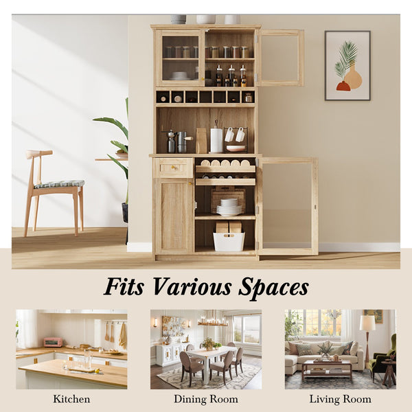 English Elm Topmax Farmhouse Buffet Hutch with Wine Rack Shaker Glass Pantry Cabinet N717P327043N