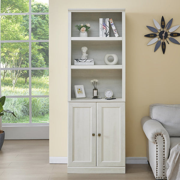 English Elm 1 Doors Bookshelf with USB Port and 3 Open Shelves — Space-Saving Storage Cabinet, Sturdy MDF Design Rustic White 50.59 L x 21.06 W x 10.63 H WF531476AAK