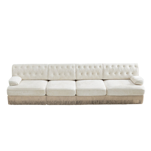 English Elm 135" Modular Chesterfield Sectional Velvet Tufted Sofa with Tassel Skirt for Lounge Rooms Beige W714S01688