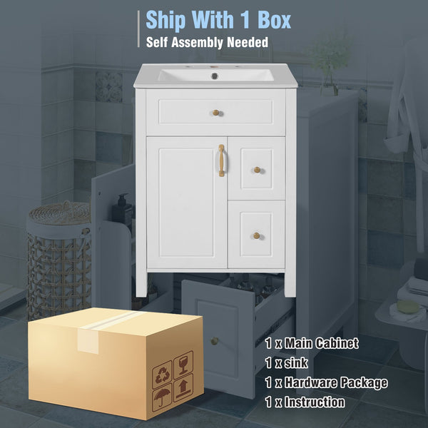 English Elm 24-Inch Bathroom Vanity with Ceramic Sink, Soft-Close Door & Drawers, Gold Handles, Durable Wood Elegance White N729P192078K