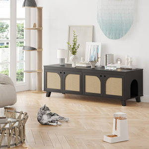 English Elm Double Hidden Cat Litter Box Enclosure with Rattan Doors, Two Spacious Compartments, Odor Control Stand Black T3623P380857